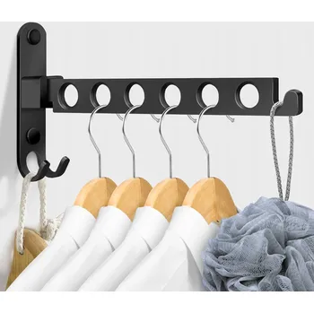 Věšák SKLÁDACÍ VĚŠÁK NA OBLEČENÍ NA ZEĎ S HÁČKY A TYČÍ