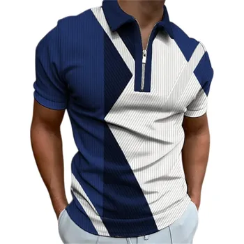 Pánské oblečení Pánská polokošile na zip s V výstřihem a límečkem Krátký rukáv Barevné vzory Polyester Moderní styl na léto tmavě modrá L