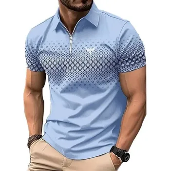 Pánské tričko Pánská polokošile na zip V výstřih s límečkem Krátký rukáv Jednobarevná jemný vzor Potisk na hrudi Polyester modrá L