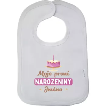 Bryndák Dětský bryndák Moje první narozeniny s dortem (růžový)