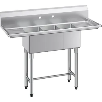 Nerezový dřez Vevor Třídřezový nerezový dřez 18g 304, 254×356×254 mm, 2 okapy, zástěnka