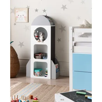 Knihovna Dětská knihovna bílá MDF nohy z masivního dřeva 3patrová police do dětského pokoje s tabulí tvar vesmírné lodi skandinávský styl pokojíček hernička Beliani