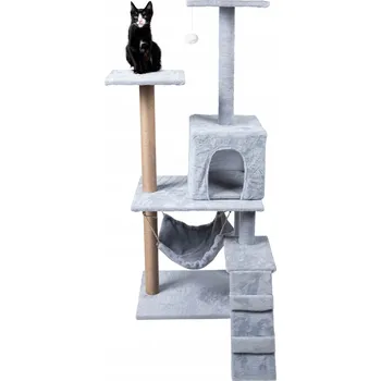 ŠKRABADLO VĚŽ PRO KOČKY 4 PATRA ŠEDÉ S HAMAKOU A SCHŮDKY PELÍŠEK