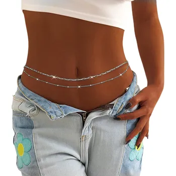 Náhrdelník Řetízek na tělo 70 + 25 cm pro ženy ve stříbrné barvě Dvouvrstvý břišní šperk na pláž Festivalový doplněk na pas a boky