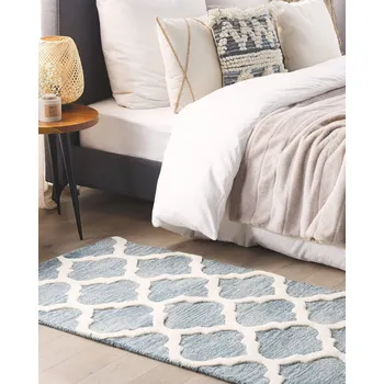 Koberec Ručně tkaný koberec z modré vlny 80 x 150 cm, ručně všívaný, jetel, orientální styl Beliani