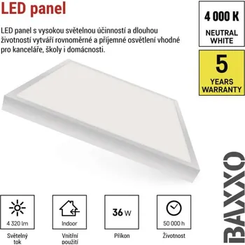 LED panel EMOS LED panel BAXXO 60×60, čtvercový přisazený bílý, 36W neutr. bílá ZB1614