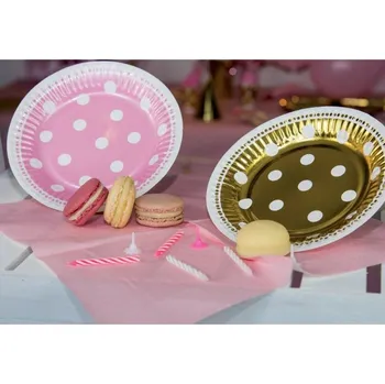 Talíř Papírové talíře rose gold s bílými tečkami, průměr 18 cm, sada 6 ks