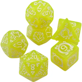 Hrací kostky 7 ks Mnohostěnné Akrylové Fantasy sada s mramorovým efektem pro stolní hry Dračí doupě roleplay a hry na hrdiny žlutá