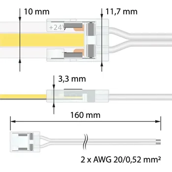 LED osvětlení MCLED Připojovací konektor jednobarevných LED pásků šíře 10 mm, 2 piny, délka 150 mm, 20AWG, vodiče bílé, max. 3,5 A