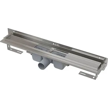 Odvodňovací žlab Alcadrain FLEXIBLE Podlahový žlab 850mm s okrajem pro perforovaný rošt s nastavitelným límcem ke stěně - rozbaleno