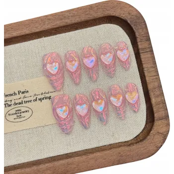 Umělé nehty Nalepovací Umělé Nehty Mandlového Tvaru Srdíčka 3D Srdce Valentýn, M