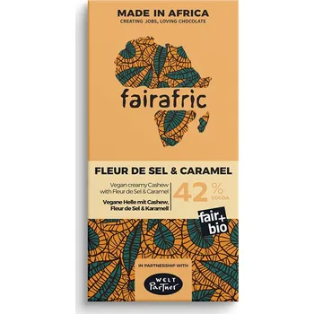 Čokoláda Fairafric Bio vegan čokoláda s kešu, karamelem a Fleur de sel, vyrobená v Ghaně, 80 g