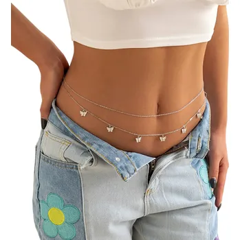 Náhrdelník Dámský dvouvrstvý břišní řetízek kolem pasu 70 + 25 cm Sexy tělový šperk ve stříbrném provedení Festivalový doplněk