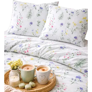 Povlečení Povlečení 140x200 saténové, louka s květy, drobný vzor, bílá květinová louka