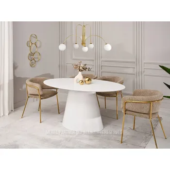 Jídelní stůl MODERNÍ JÍDELNÍ STŮL OVÁLNÝ NA CENTRÁLNÍ PODSTAVĚ PAVO BÍLÝ MAT 160X90