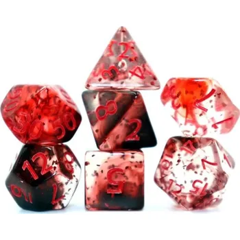 Sada mnohostěnných kostek 7 ks Upíří motiv Fantasy RPG červené průhledné kostky pro Dračí doupě stolní a společenské hry