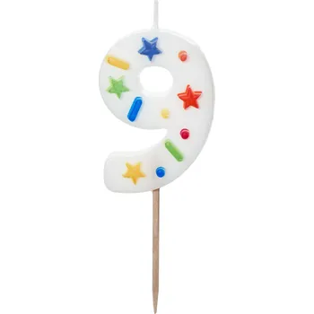 Dortová svíčka Svíčka na dort číslo 9 bílá s konfetami