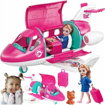 Panenka PANENKA pro dívky v LETADLE s pejskem a příslušenstvím kufřík na zavazadla