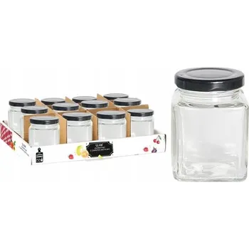 Sklenice 12 Ks čtvercových skleniček 100 ml s černými víčky na med, koření