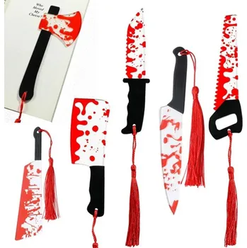 Obálka Sada 5 ks záložka do knihy 15 cm hororový motiv zbraní se střapcem tematická záložka pro milovníky hororů