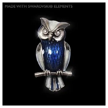Brož Brož Sova - Starostříbro s krystaly Swarovski crystals. Ručně malovaná 5x2,5cm