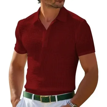 Pánská móda Pánská polokošile na zip V výstřih s límečkem Krátký rukáv Jednobarevná Polyester Klasický moderní styl vínová XL