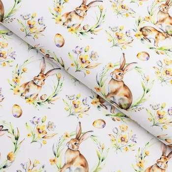 Velikonoční teflonová látka na ubrusy TF-107 Zajíčci na bílém - šířka 155 cm