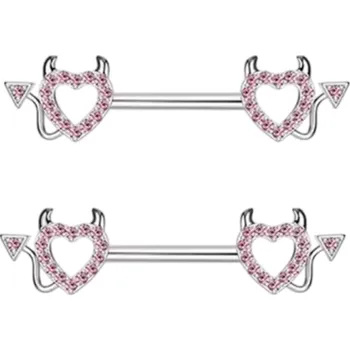 Piercing Ďábelské srdce pár šperků do bradavek velikost 1,6 mm Lesklý tělový piercing pro ženy a dívky Odvážný motiv s výrazným stylem růžová
