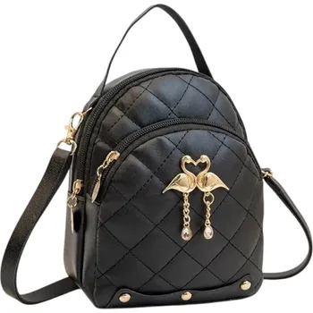 Dámský mini batoh 15 × 7 × 18 cm Prošívaný módní batůžek z umělé kůže Voděodolný lehký doplněk se zlatými plameňáky černá