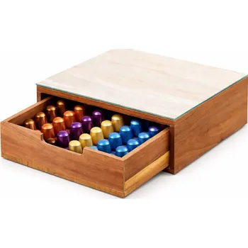 Stojan na kapsle Zásobník na kávové kapsle šuplík akátové dřevo sklo 30 cm