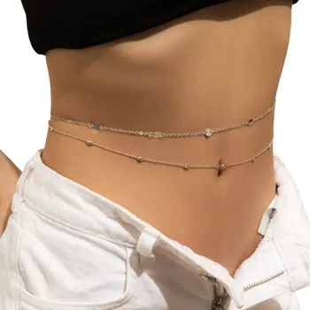 Náhrdelník Sexy dvouvrstvý břišní řetízek kolem pasu 70 + 25 cm Dámský tělový šperk Festivalový doplněk ve stříbrném provedení