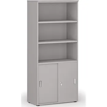 Kancelářská sestava Kombinovaná kancelářská skříň PRIMO GRAY, zasouvací dveře na 2 patra, 800 x 420 x 1781 mm, šedá