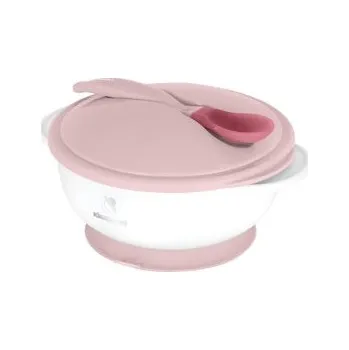 dětská jídelní sada Miska s přísavkou, víčkem a lžičkou s tepelným senzorem Pink