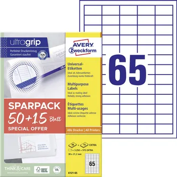 Papír pro tiskárny Avery-Zweckform 6121-65 univerzální etikety 38 x 21.2 mm papír bílá 65 listů trvalé inkoustová tiskárna, laserová tiskárna, barevná laserová tiskárna, kopírka,