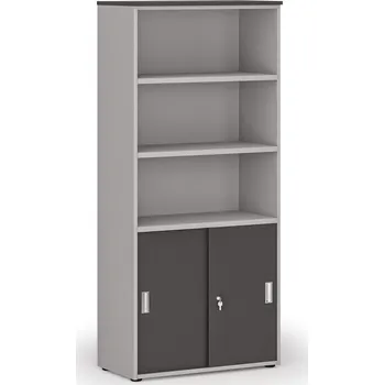 Kancelářská sestava Kombinovaná kancelářská skříň PRIMO GRAY, zasouvací dveře na 2 patra, 800 x 420 x 1781 mm, šedá/grafit