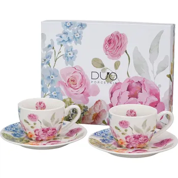 Šálky na espresso porcelánové s podšálky DUO KVĚTY CLASSIC JUNE 110 ml 2 ks.