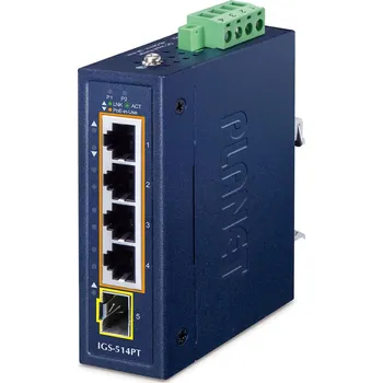 Switch Planet IGS-514PT kompaktní průmyslový L2/L4 switch, 4x1Gb, 1x1G SFP, 4x1Gb PoE+ 802.3at 120W, -40~75°C, IP30, fanless
