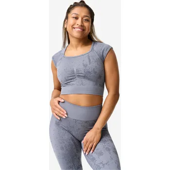 DOMYOS Dámské tričko crop top bezešvé s potiskem L ŠEDÁ