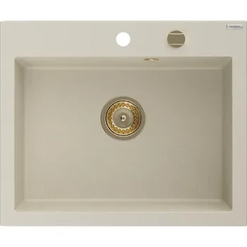 Granitový dřez Mexen Elix, 1korový granitový dřez 600 x 500 mm, béžová, zlatý sifon, 6525601005-69-G