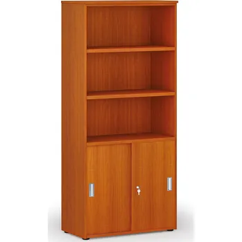 Kancelářská sestava Kombinovaná kancelářská skříň PRIMO WOOD, zasouvací dveře na 2 patra, 800 x 420 x 1781 mm, třešeň