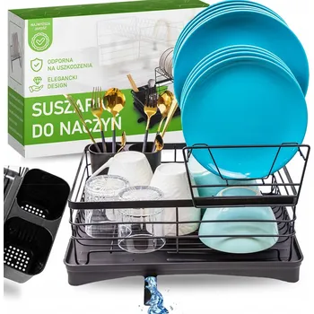 Organizace kuchyně Dvoupatrový odkapávač na nádobí kovový černý s odtokem a nádobkou na příbory