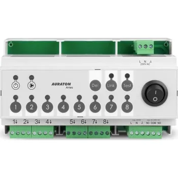 Bezdrátový ovládací terminál Auraton Aries (8D PRO RTH), určený k montáži do rozvodnice (šířka 9 modulů) a následnému řízení pohonů na rozdělovači podlahového vytápění 1-8 zón
