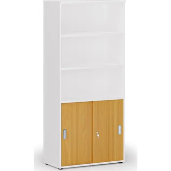 Kancelářská sestava Kombinovaná kancelářská skříň PRIMO WHITE, zasouvací dveře na 2 patra, 800 x 420 x 1781 mm, bílá/buk
