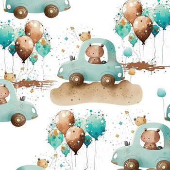 Zbytek - Dvojitá gázovina/mušelin premium bambus s bavlnou tyrkysová autíčka a balony