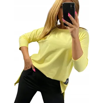 Dámská halenka B1157 HLADKÁ BLŮZA S S POTISKEM ASYMETRICKÁ ŽLUTÁ vel. 48 (4XL)