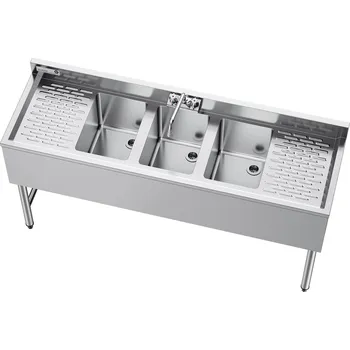 Nerezový dřez Vevor Tříkomorový dřez 304 18-gauge, mísy 254×356×254 mm, dva okapy