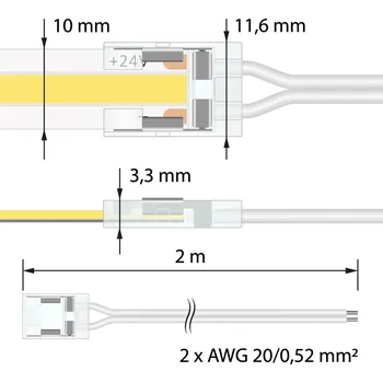 LED páska MCLED Připojovací konektor jednobarevných LED pásků šíře 10 mm, 2 piny, délka 2 metry, 20AWG, vodiče bílé, max. 3,5 A