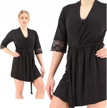 Dámský župan Aren Dámský župan z viskózy se zavazováním a krajkou Wiktoria černý XL