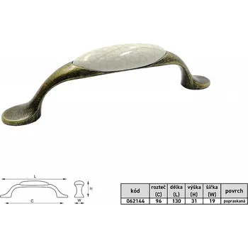 Nábytkové kování Satos Olga úchytka 96 mm stará mosaz/popraskaná keramika