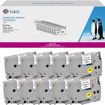 Papír pro tiskárny páska do štítkovače sada 10 ks G a G 5T231-10TD kompatibilní náhradní Brother TZe-231 Barva pásky: bílá Barva písma: černá 12 mm 8 m